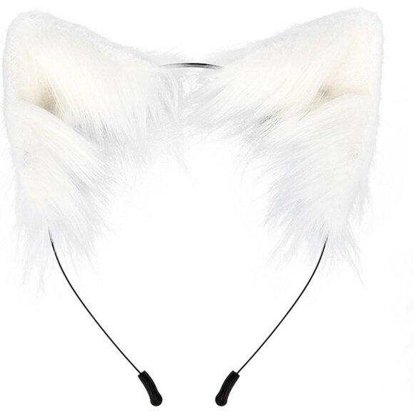 🆕 Halloween White Faux Fur Cat Fox Ears Headband Wolf Tail Party Costume Adult - Picture 3 of 4